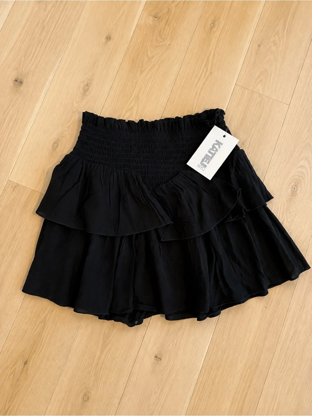 Katie J NYC Black Tiered Ruffle Smocked Waist Skirt